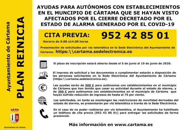 foto de Ayuntamiento Cártama abre el plazo de subvenciones para autónomos con establecimientos en Cártama afectados por el decreto de estado de alarma