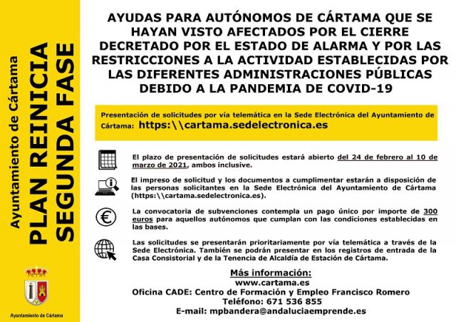 foto de Ayuntamiento Cártama abre el plazo de subvenciones para autónomos "Plan Reinicia 2"